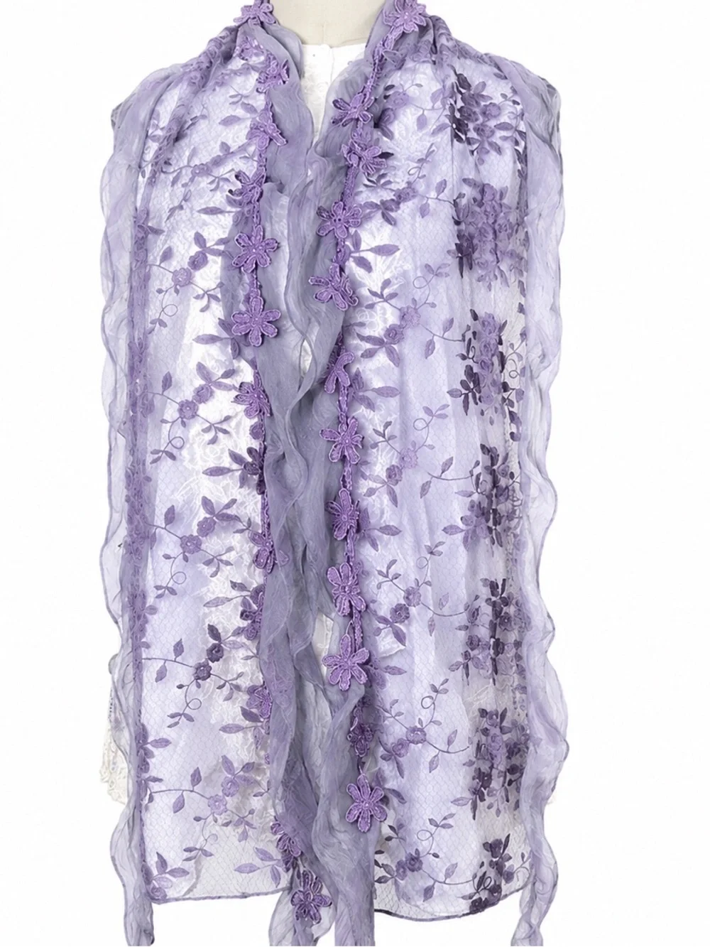 Kikiyo Scarf Purple‎ Mesh Lace Ruffles Embroidered Shabby Chic